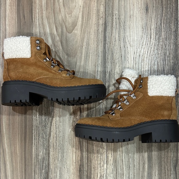Marc Fisher Shoes - Marc Fisher Leigan Lug sole Brown Suede Winter Boots with Shearling